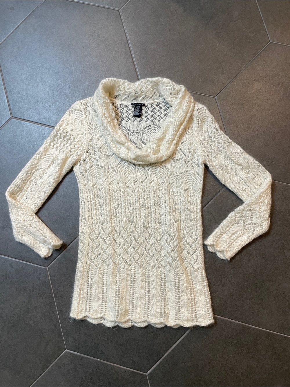 Theory Cream Open-Work Mohair Cowl Neck Sweater
